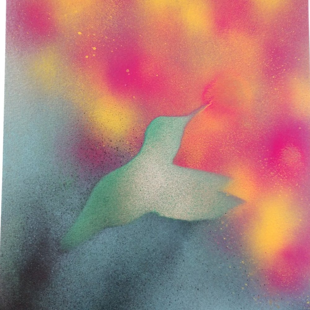 Handmade Painting Of Green Hummingbird and Flowers On Paper